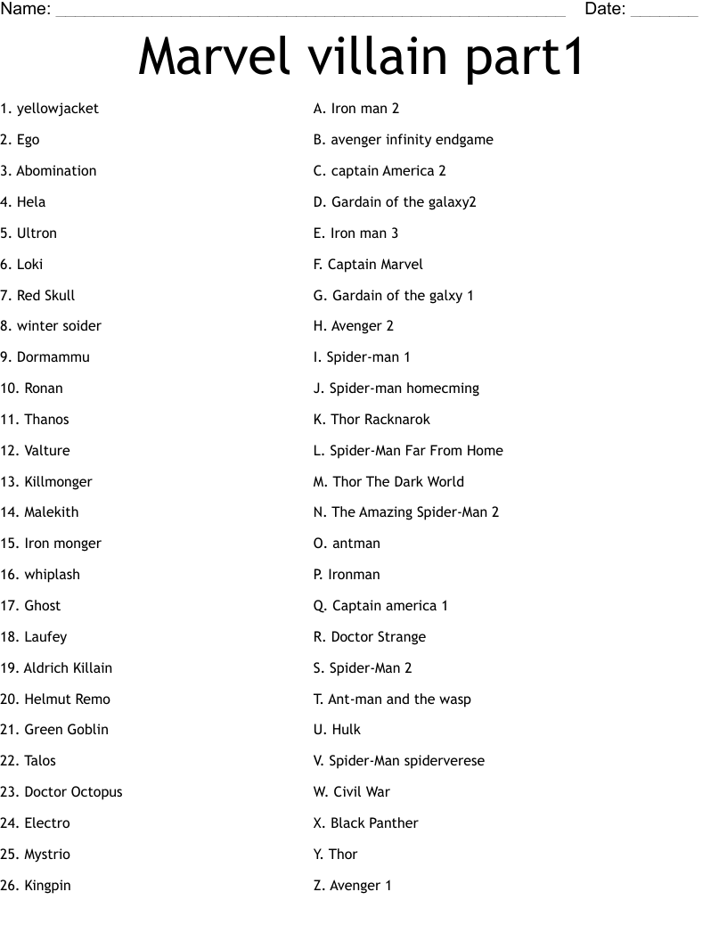 Marvel villain part1 Worksheet