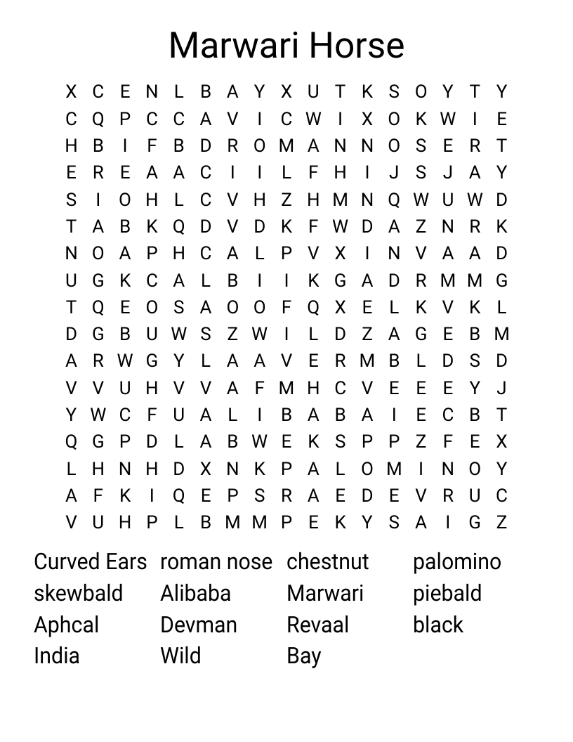 Marwari Horse Word Search