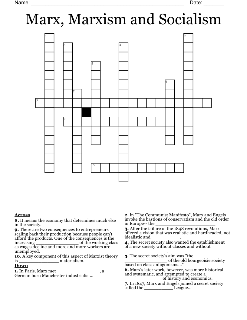 Marx, Marxism and Socialism Crossword