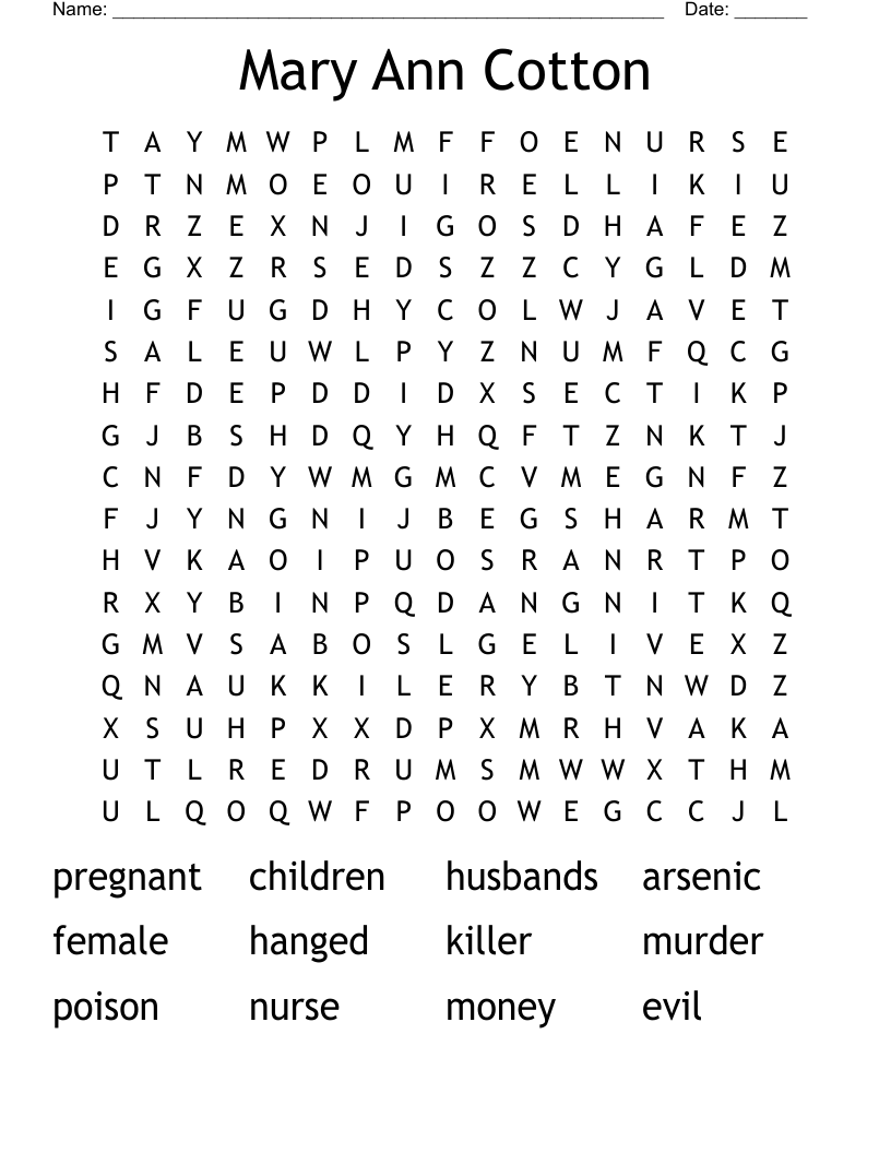 Mary Ann Cotton Word Search