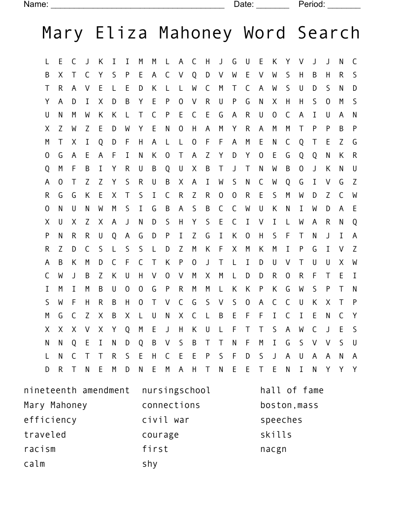 Mary Eliza Mahoney Word Search