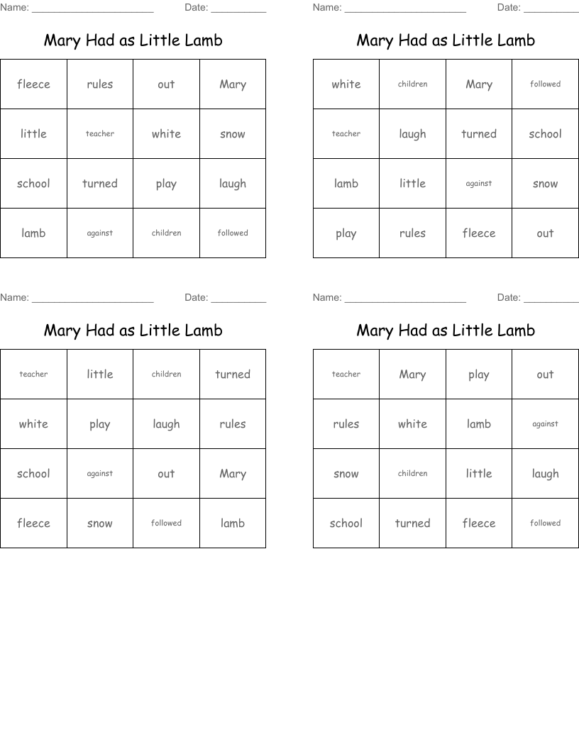 Mary Had as Little Lamb Bingo Cards