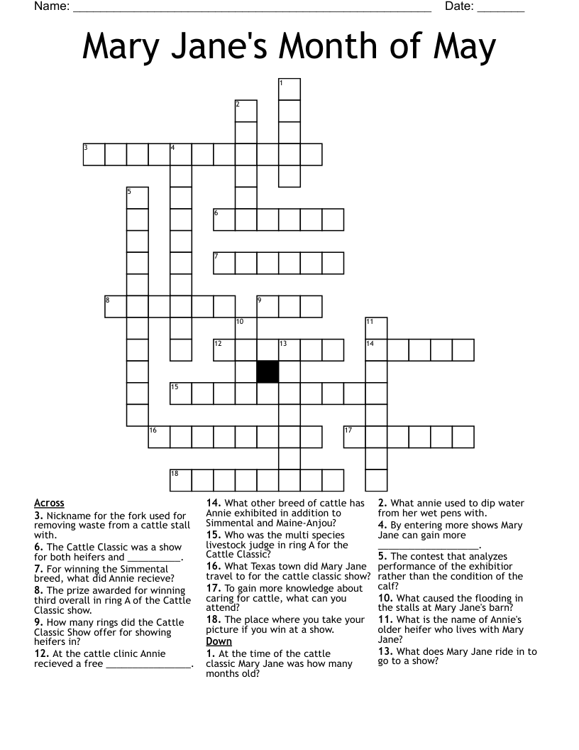 Mary Jane's Month of May Crossword