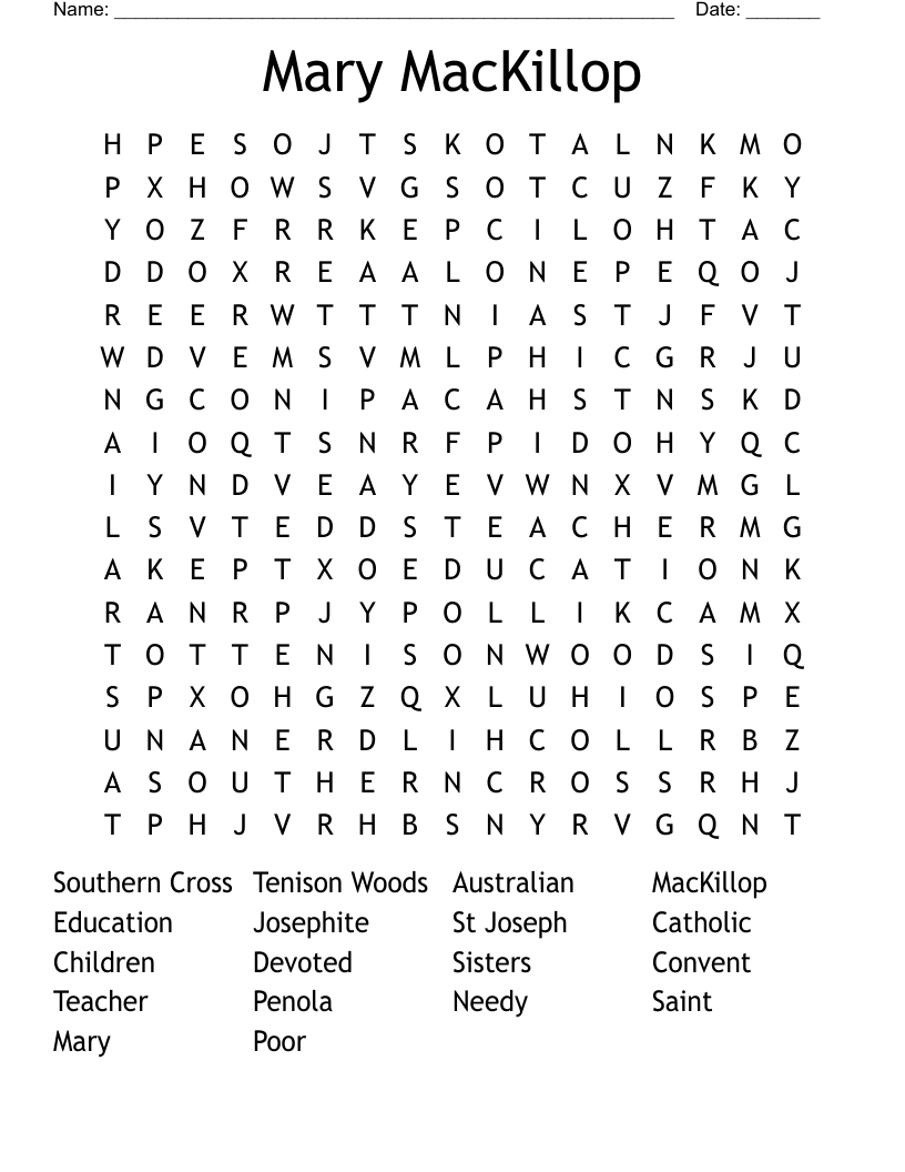 Mary MacKillop Word Search