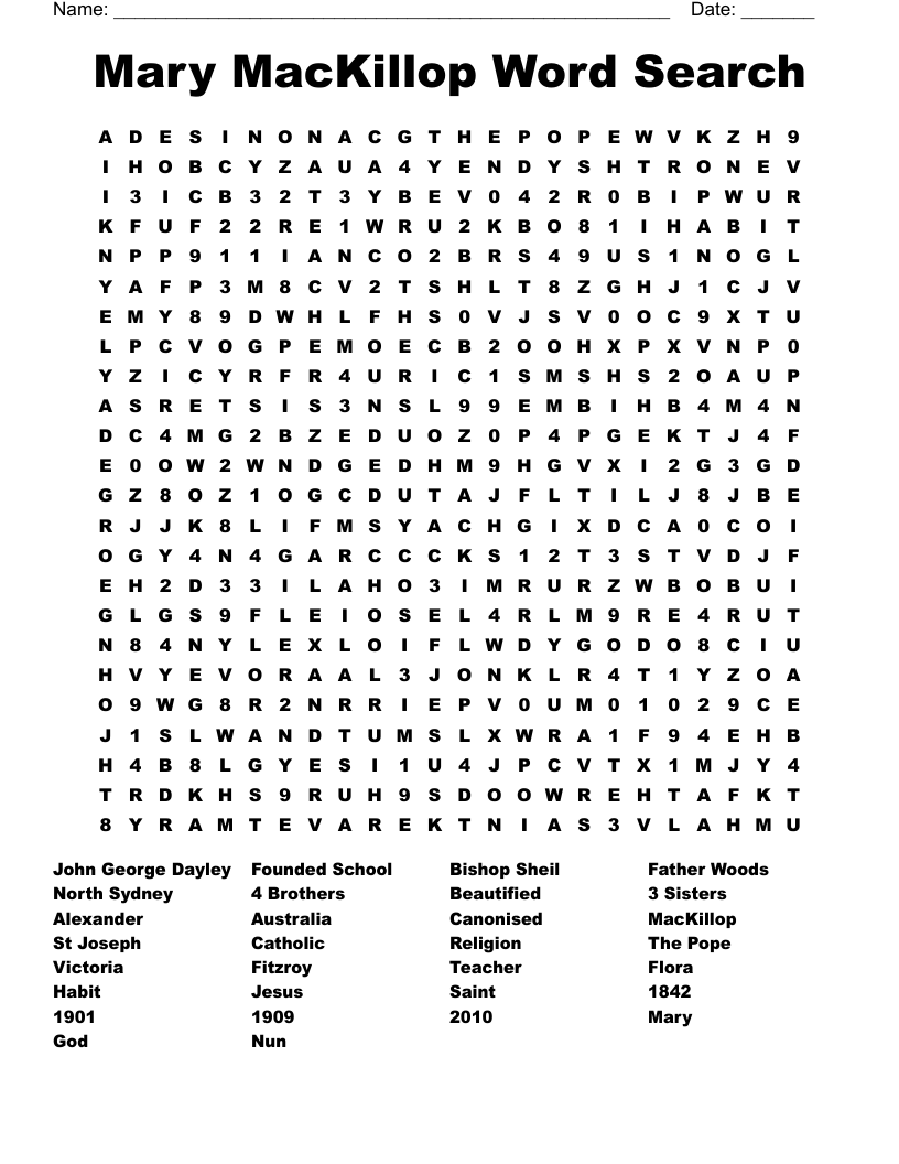 Mary MacKillop Word Search