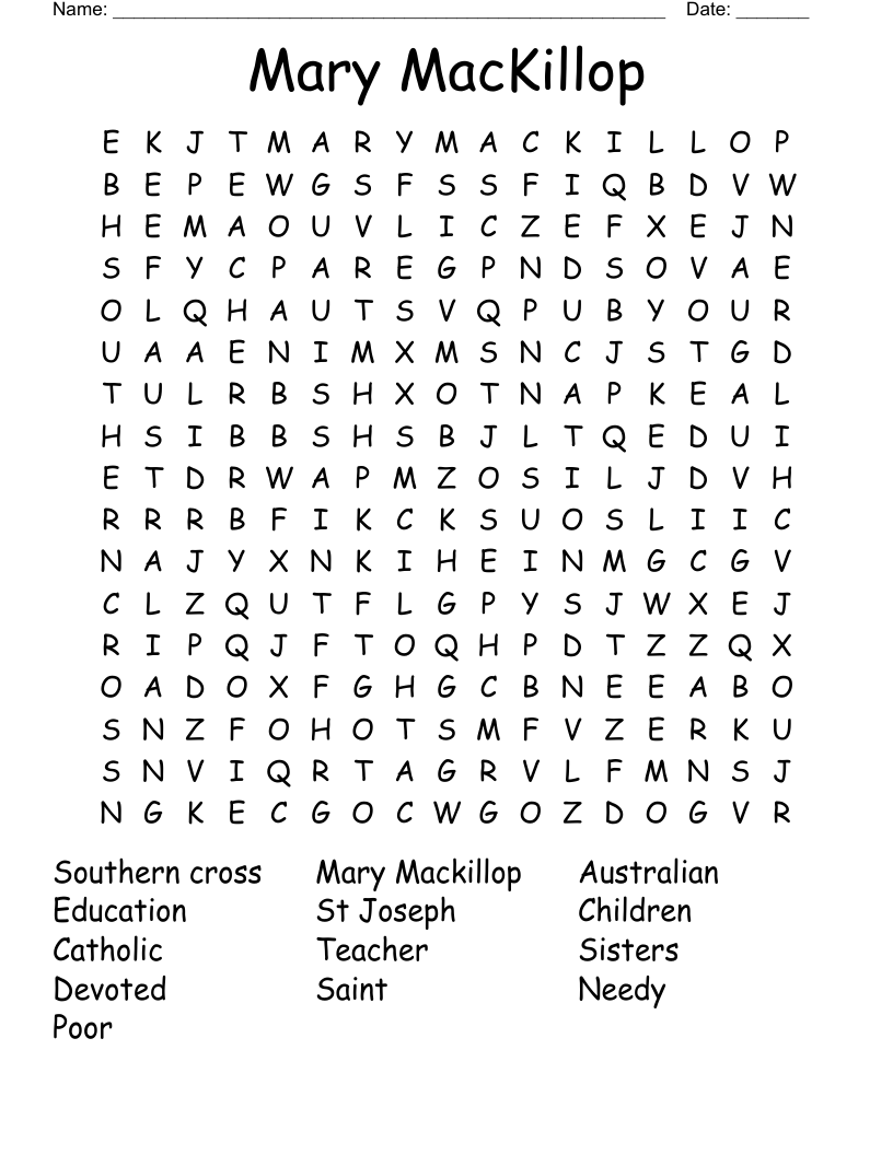 Mary MacKillop  Word Search