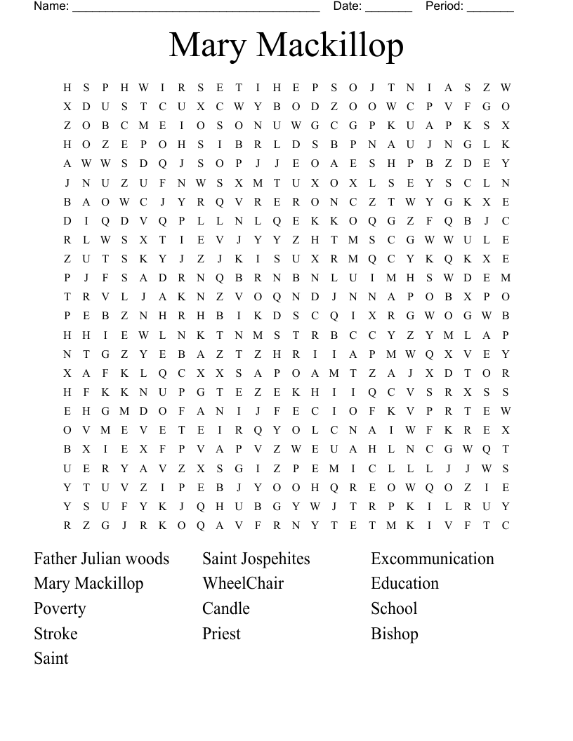 Mary Mackillop Word Search