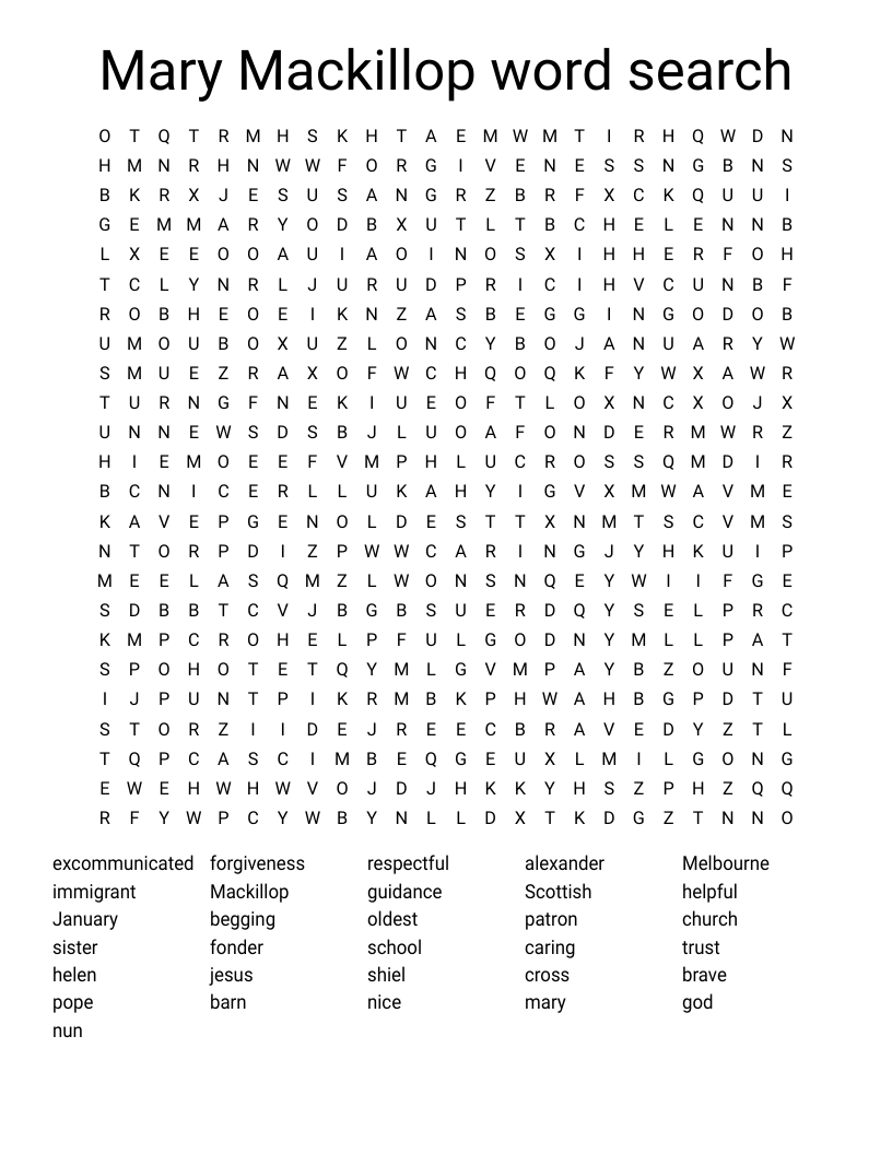 Mary Mackillop word search 