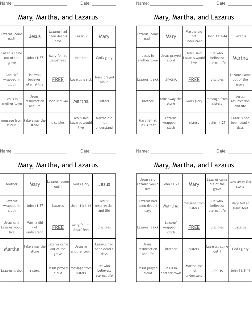 Mary, Martha, and Lazarus Bingo Cards