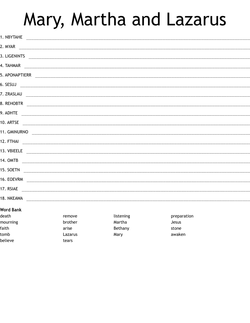 Mary, Martha and Lazarus Word Scramble