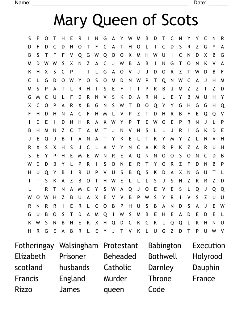 Mary Queen of Scots Word Search