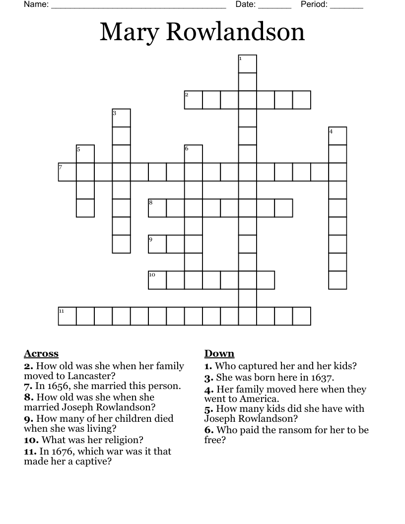 Mary Rowlandson Crossword