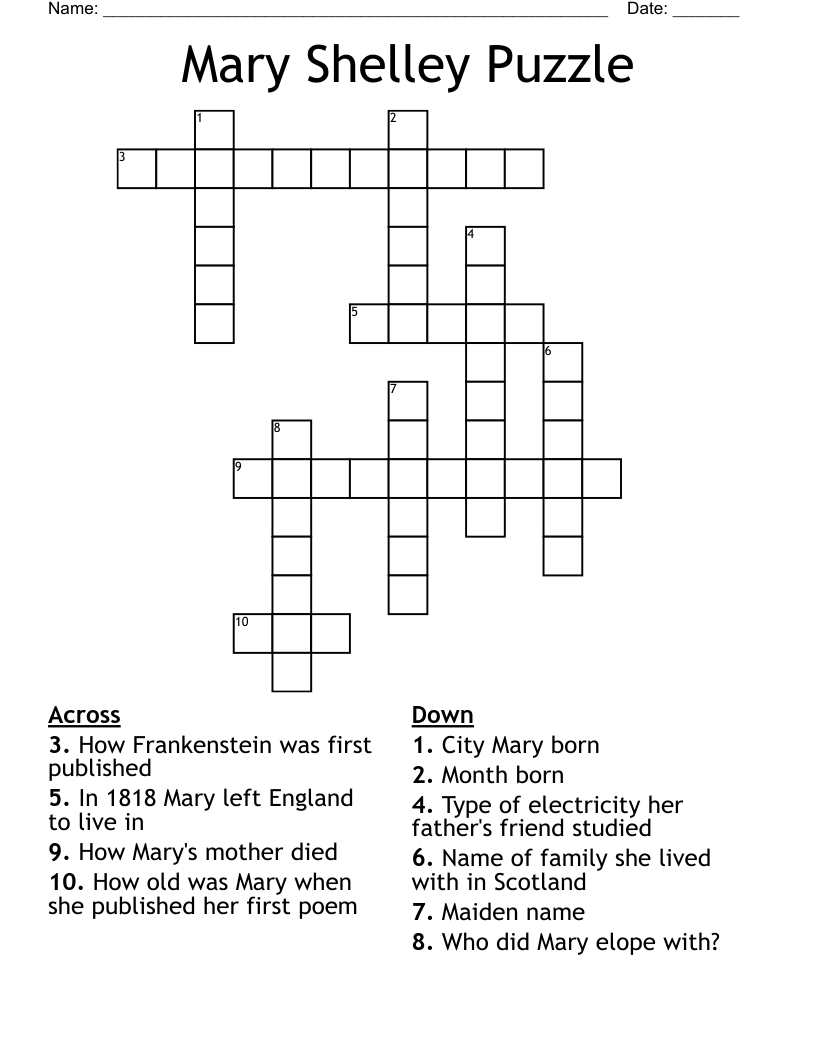 Mary Shelley Puzzle Crossword