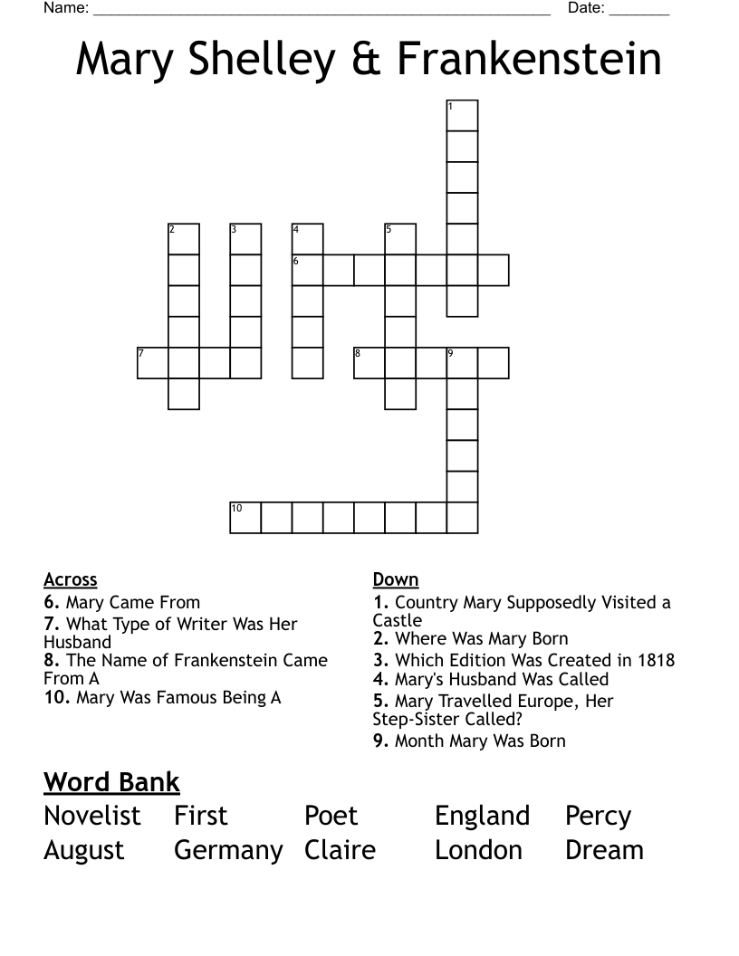 Mary Shelley & Frankenstein Crossword