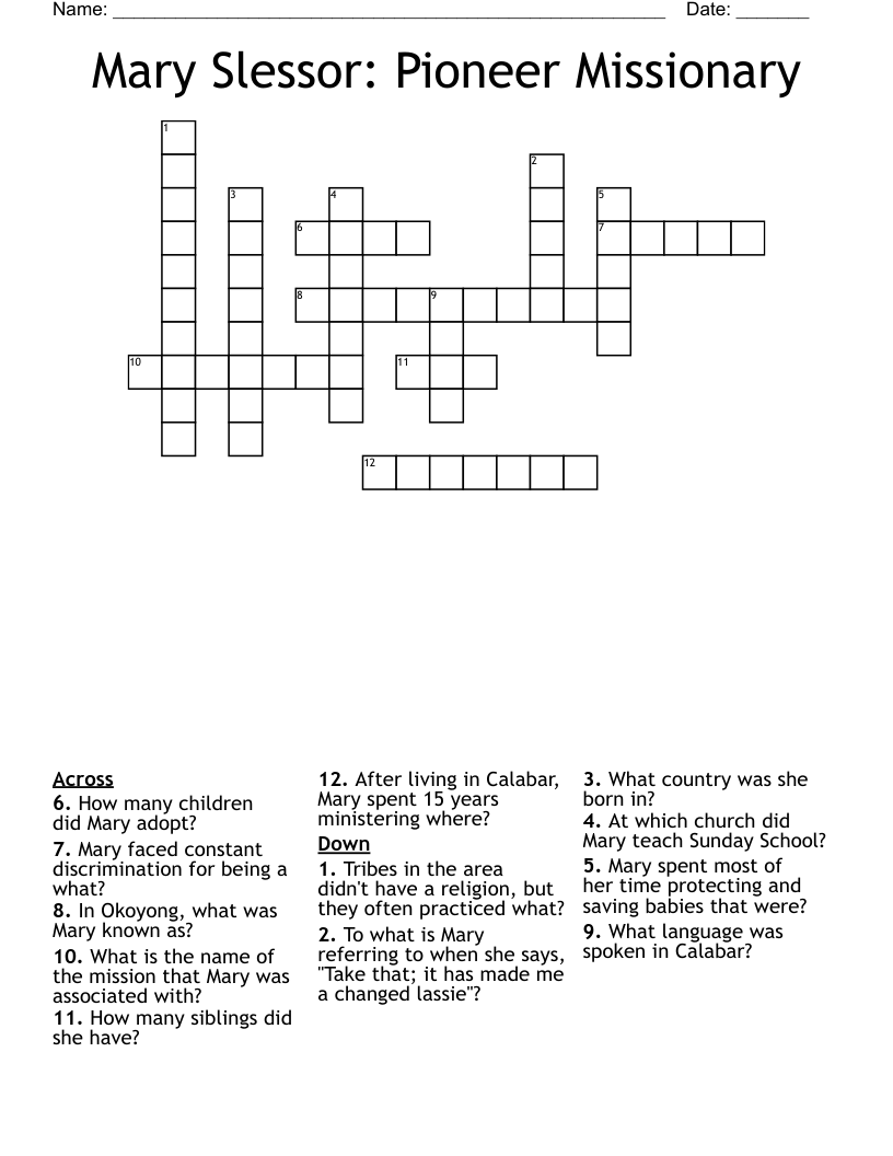 Mary Slessor: Pioneer Missionary Crossword