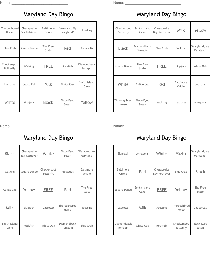 Maryland Day Bingo