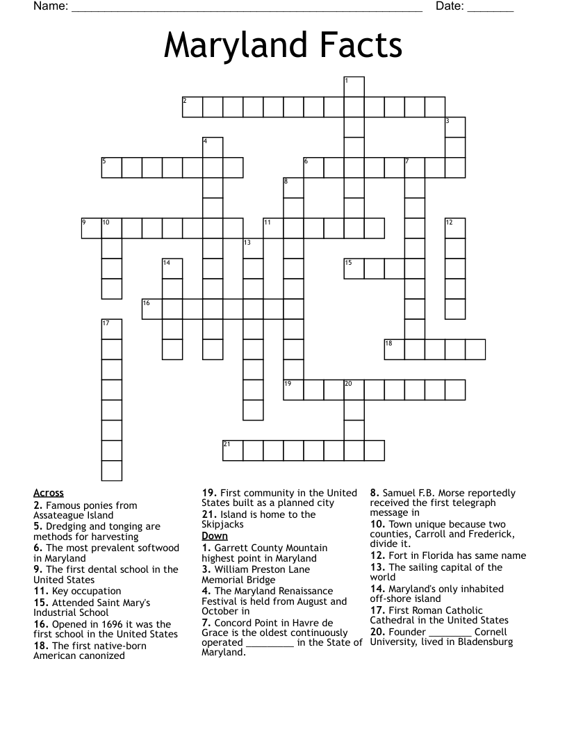 Maryland Facts Crossword