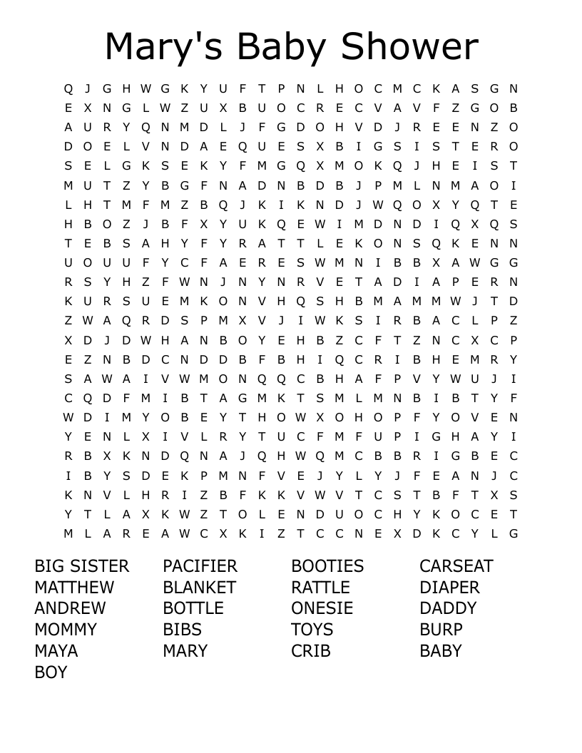 Mary's Baby Shower Word Search