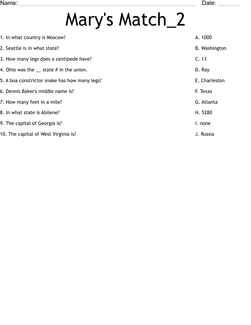 Mary's Match_2 Worksheet