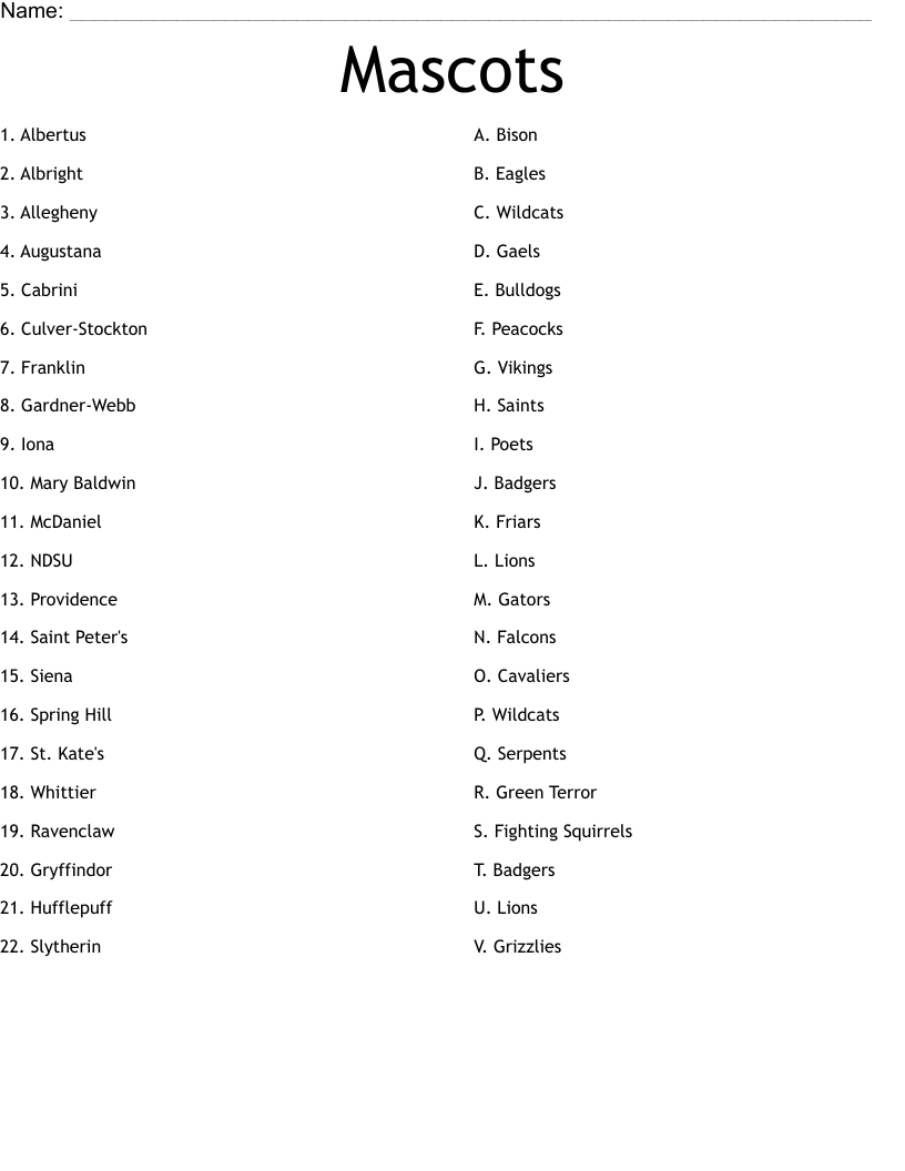Mascots Worksheet