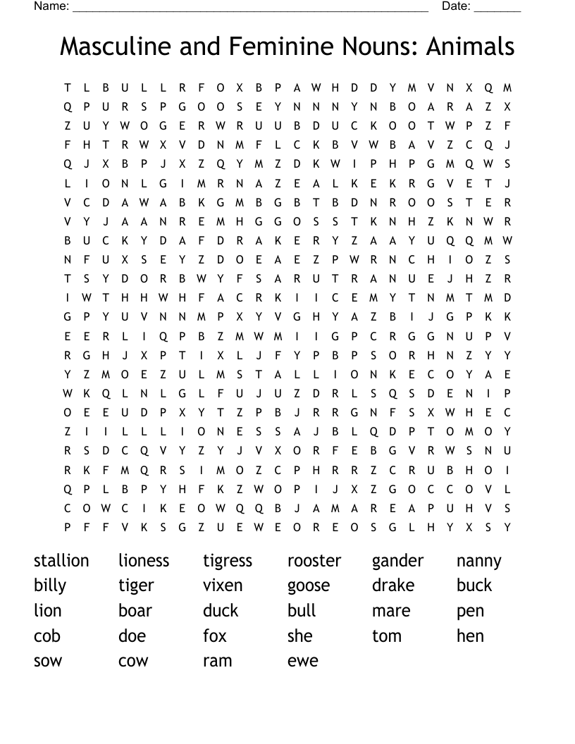 Masculine and Feminine Nouns: Animals Word Search