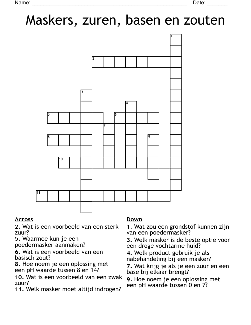Maskers, zuren, basen en zouten Crossword
