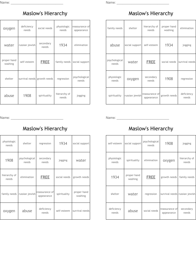 Maslow's Hierarchy Bingo Cards