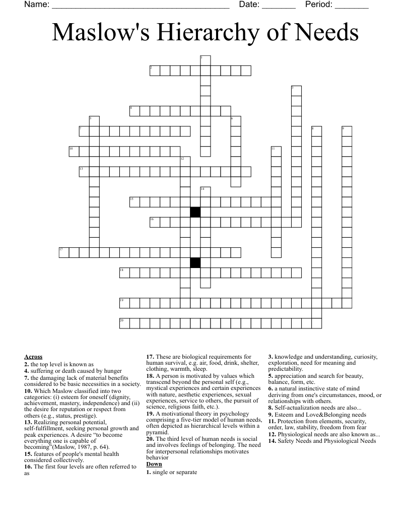 Maslow's Hierarchy of Needs Crossword
