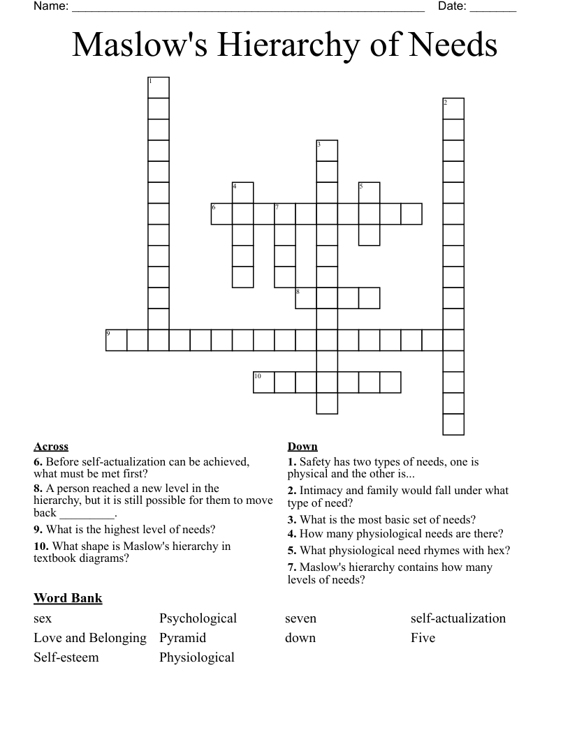 Maslow's Hierarchy of Needs Crossword