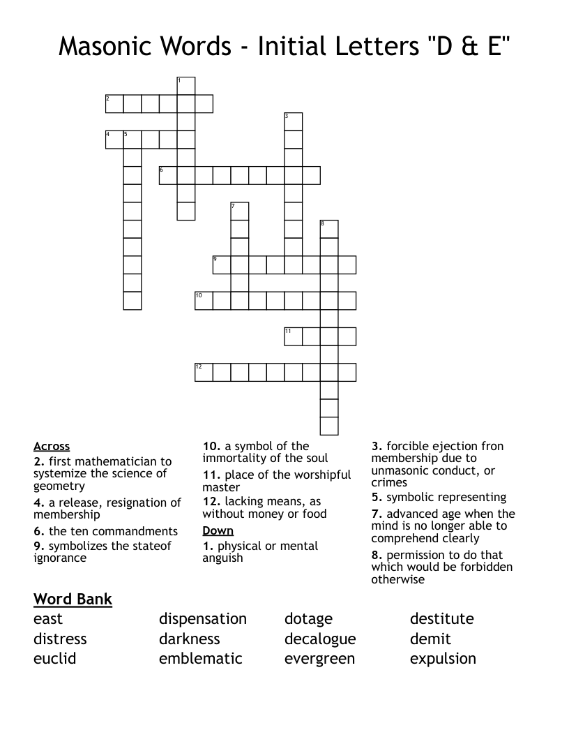 Masonic Words - Initial Letters "D & E" Crossword