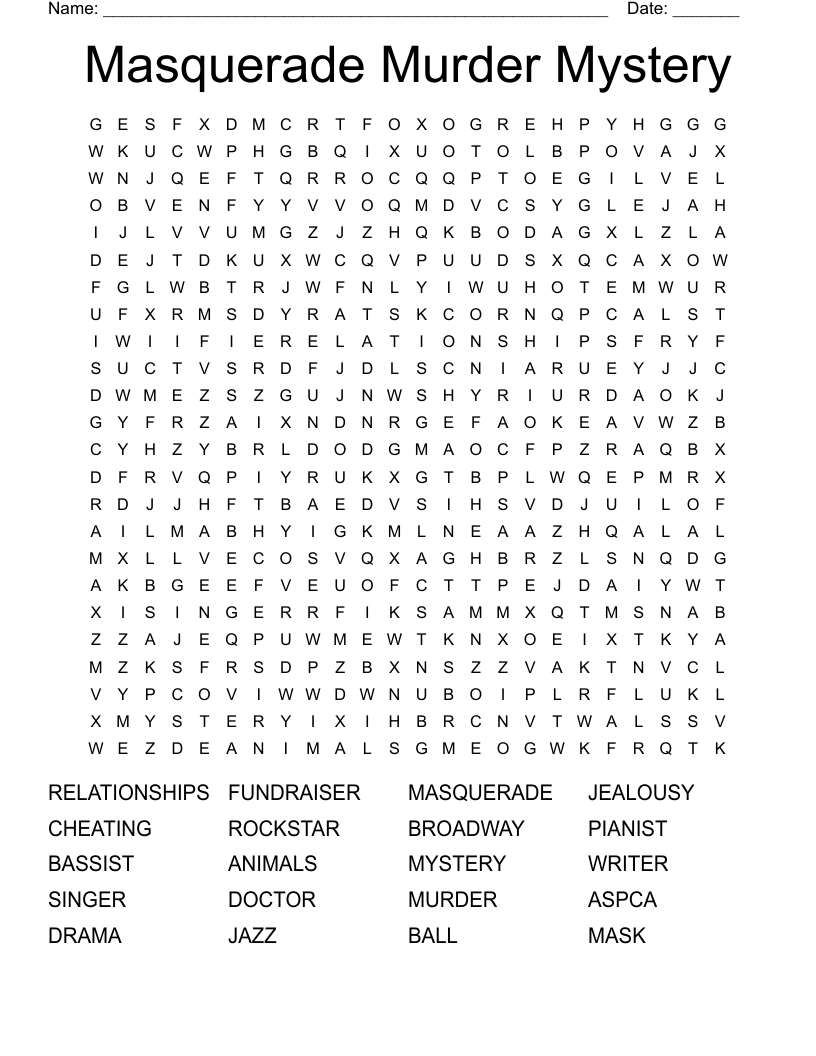 Masquerade Murder Mystery Word Search