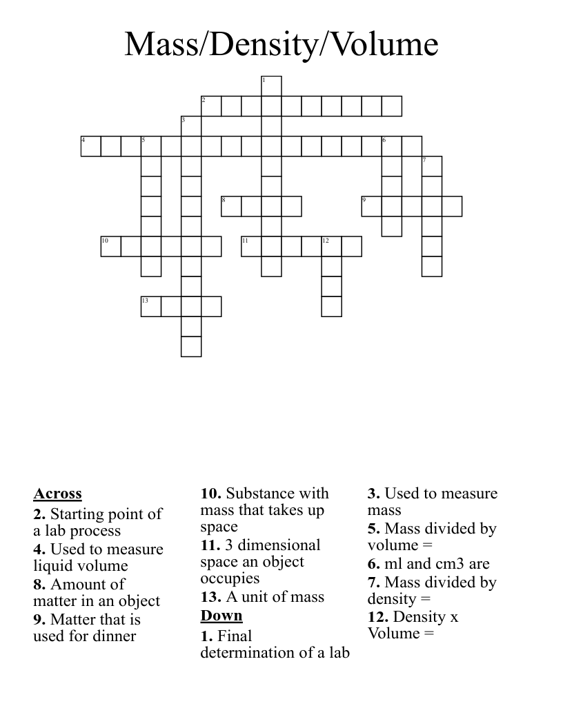Mass/Density/Volume Crossword