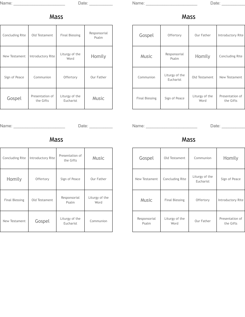 Mass Bingo Cards