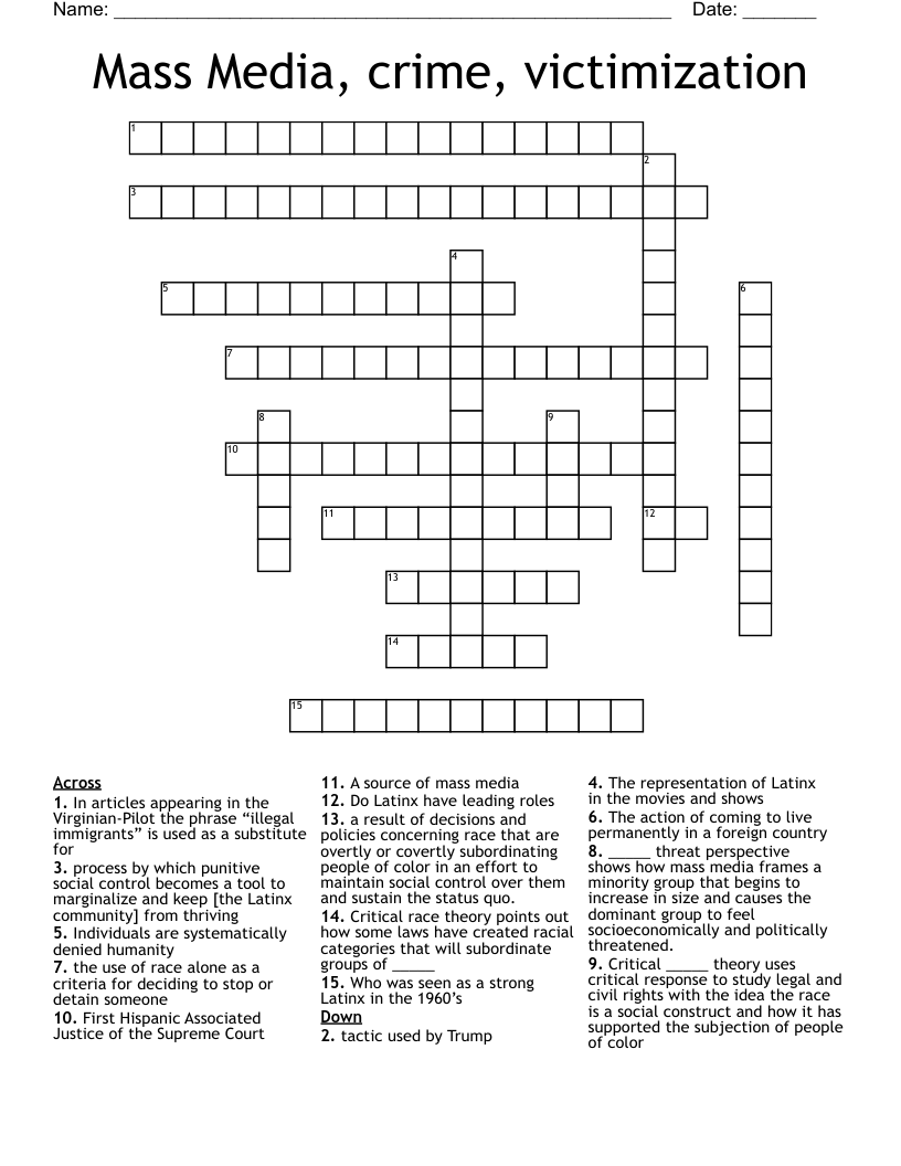 Mass Media, crime, victimization Crossword