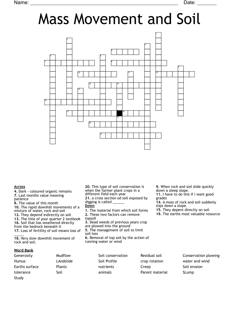 Mass Movement and Soil Crossword