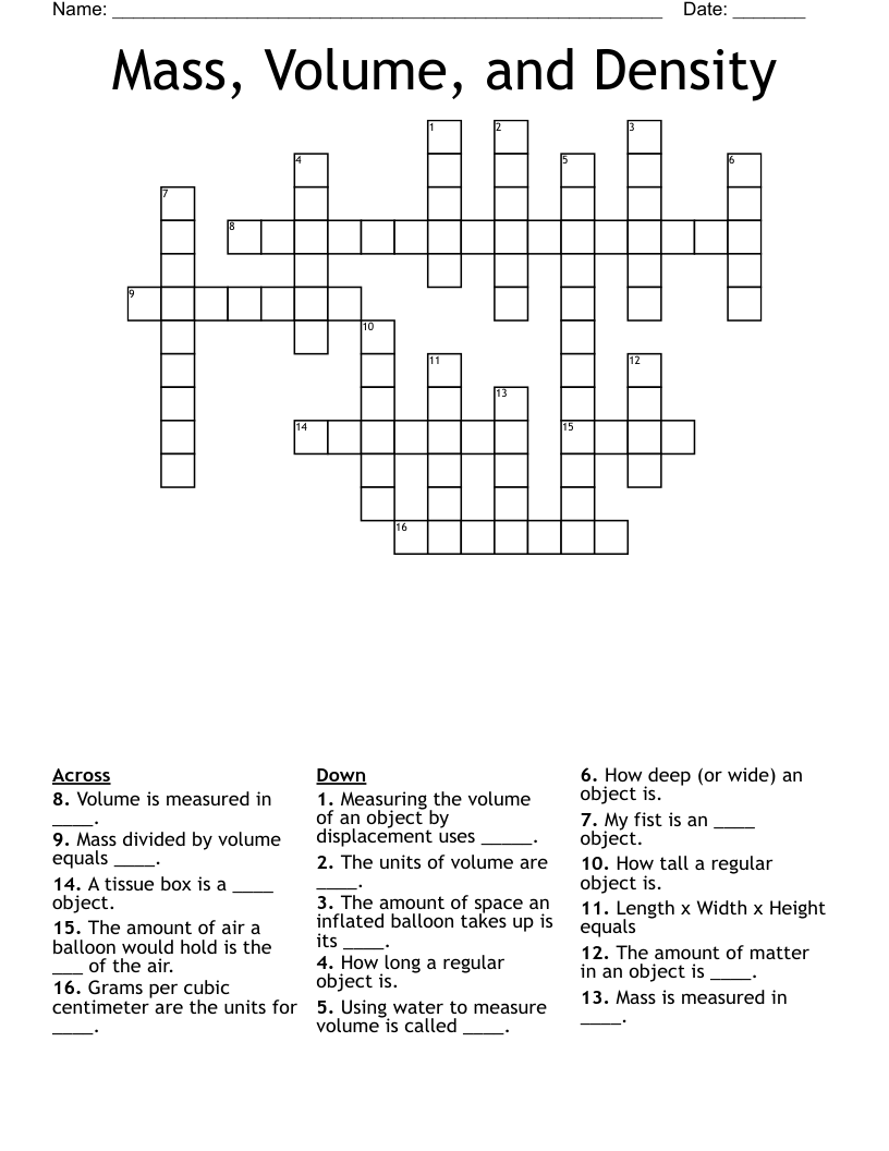 Mass, Volume, and Density Crossword