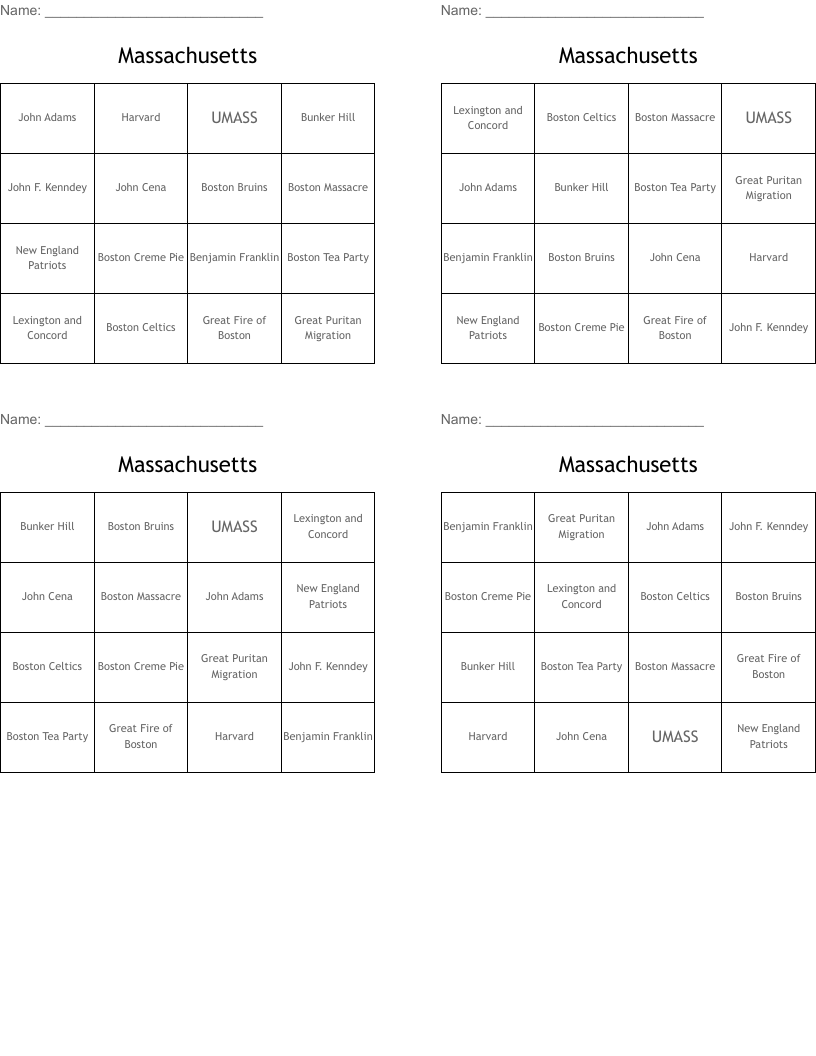 Massachusetts Bingo Cards