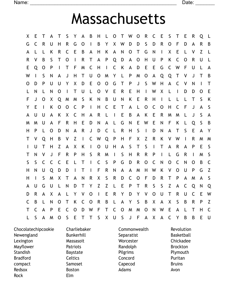 Massachusetts Word Search