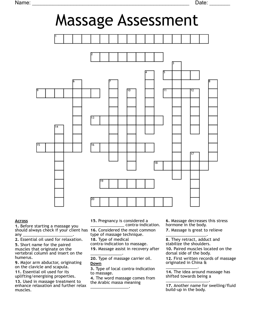 Massage Assessment Crossword