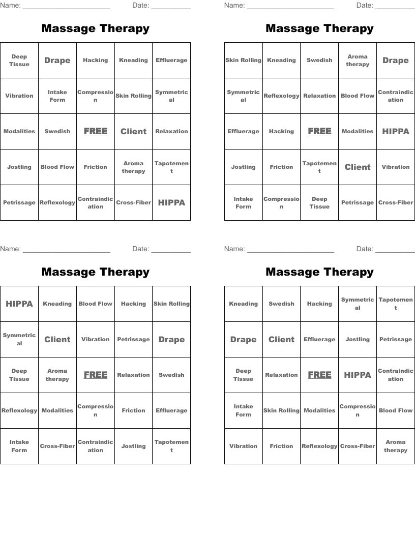 Massage Therapy Bingo Cards