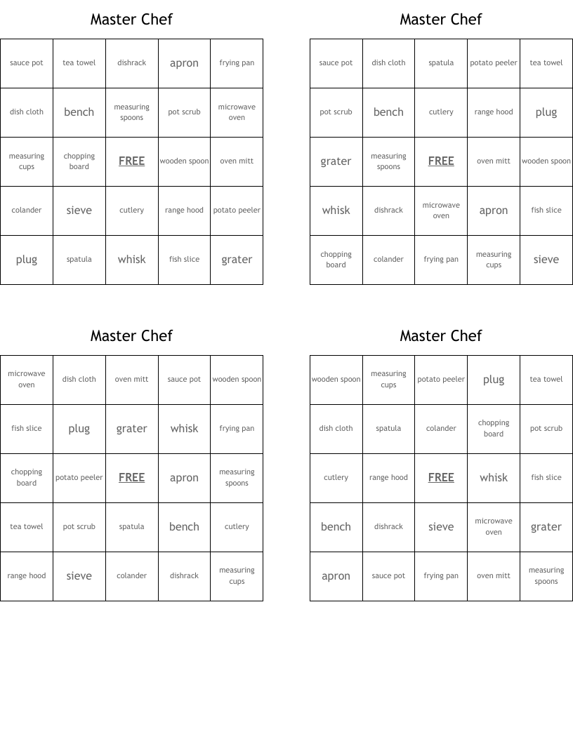 Master Chef Bingo Cards