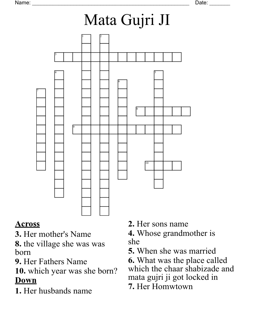 Mata Gujri JI Crossword
