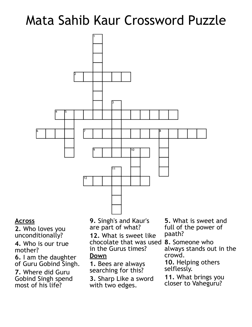 Mata Sahib Kaur Crossword Puzzle
