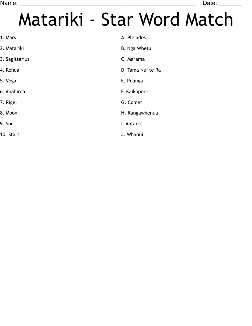 Matariki - Star Word Match Worksheet