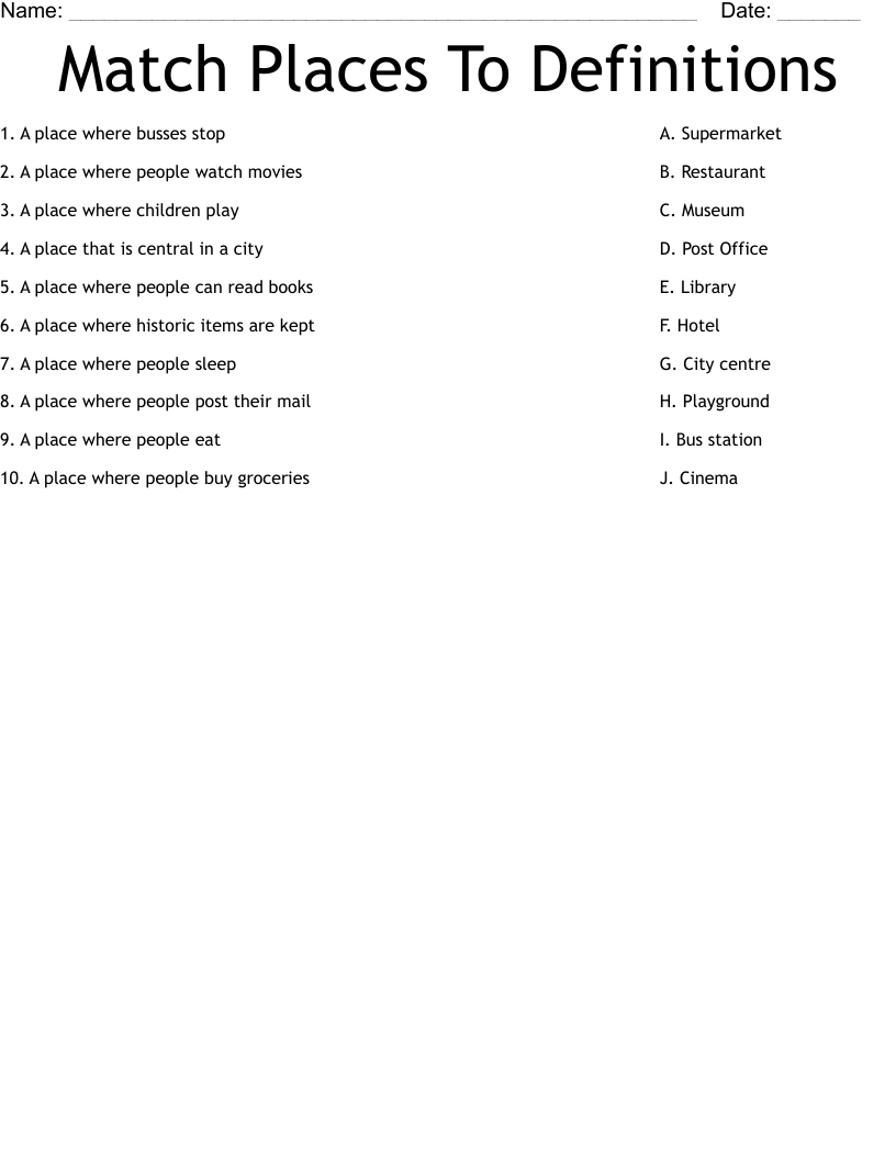 Match Places To Definitions Worksheet