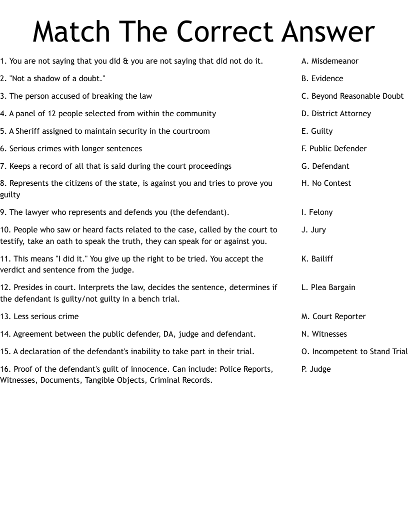 Match The Correct Answer Worksheet