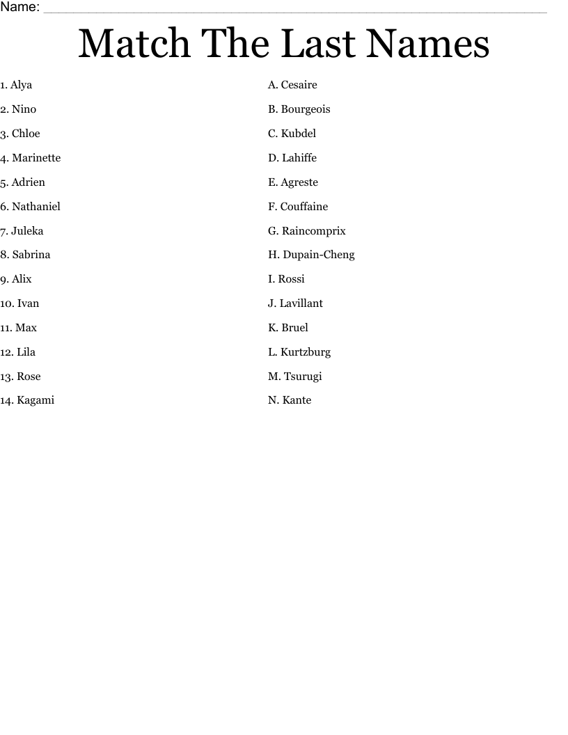 Match The Last Names Worksheet