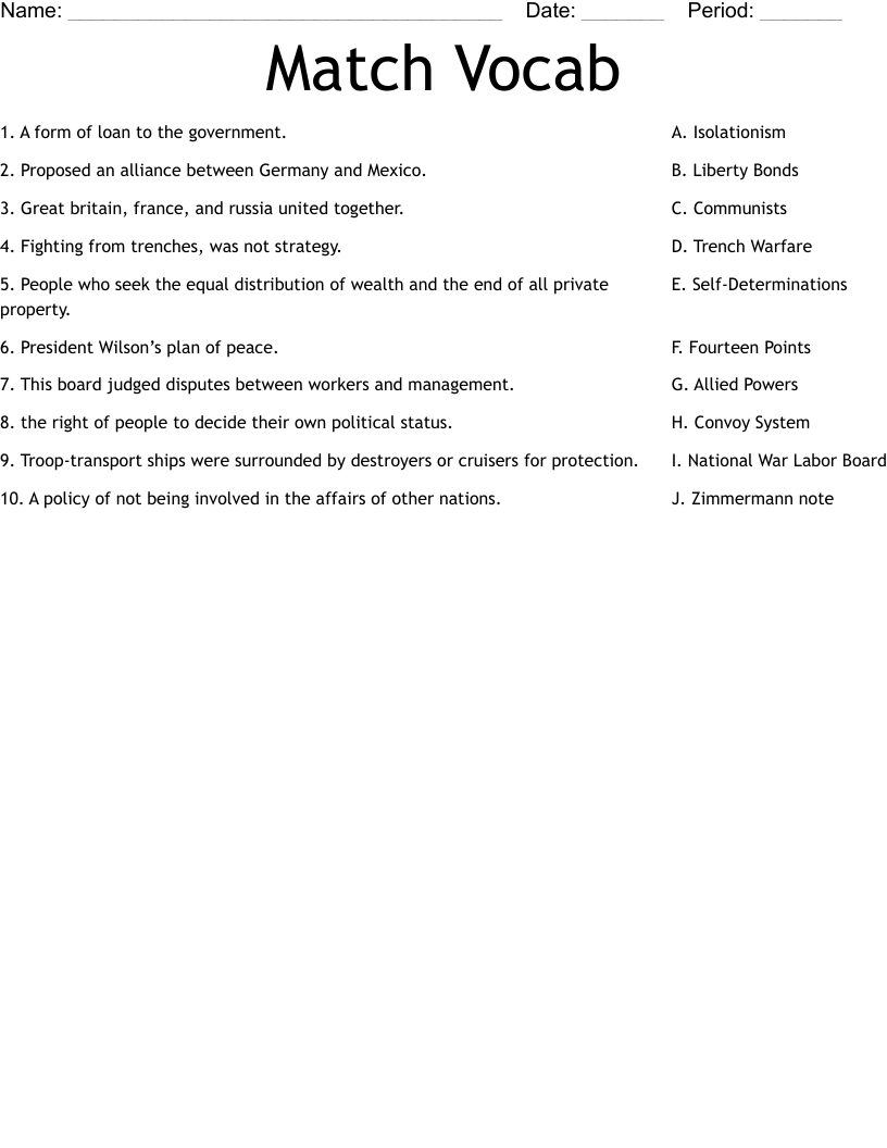 Match Vocab Worksheet