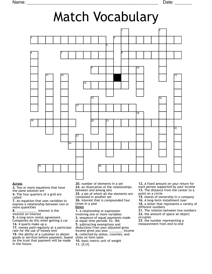 Match Vocabulary Crossword