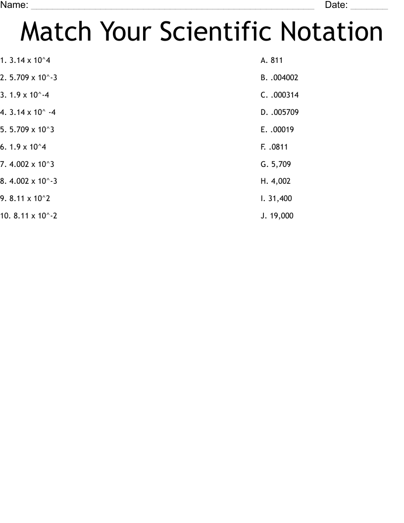Match Your Scientific Notation Worksheet